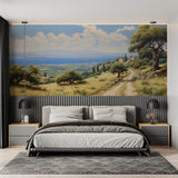 Cypress trees wallpaper transforming home office into Mediterranean paradise