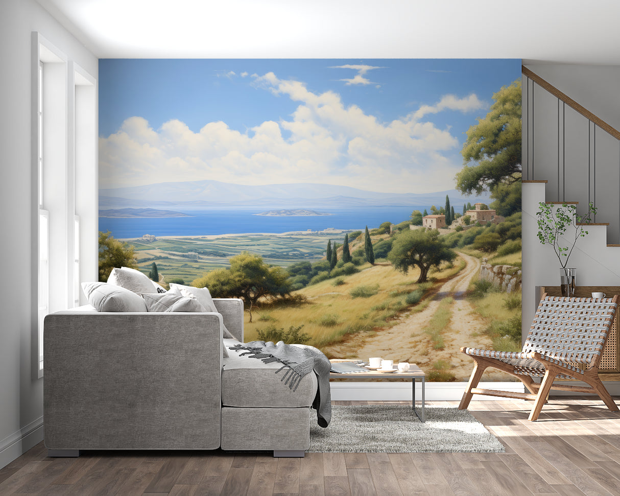 Mediterranean vista mural adding depth to hallway with coastal scenery