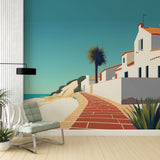 Mediterranean coastal wallpaper creating a bright, airy feel in modern living room with white furniture and natural light