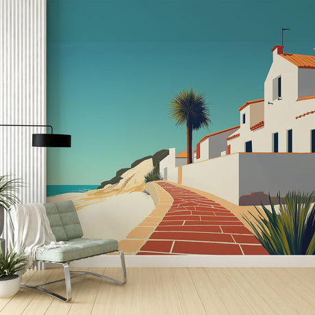 Mediterranean coastal wallpaper creating a bright, airy feel in modern living room with white furniture and natural light