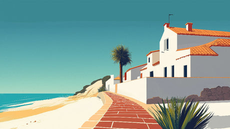Mediterranean coastal path design file showing detailed white houses and terracotta pathway pattern