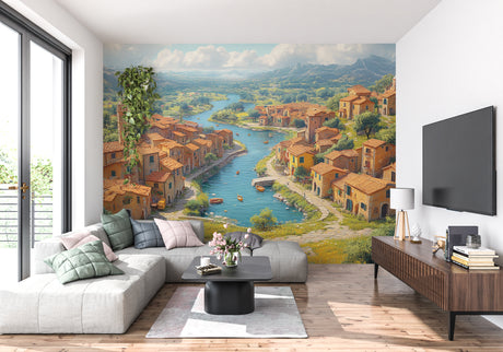 Mediterranean village wallpaper in a bright living room setting, showing how the mural creates depth