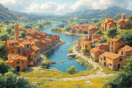 Mediterranean village design file showing full pattern of Italian riverside scene with terra-cotta roofs