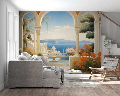Mediterranean terrace wallpaper creating a bright focal point in modern living room with white sofa