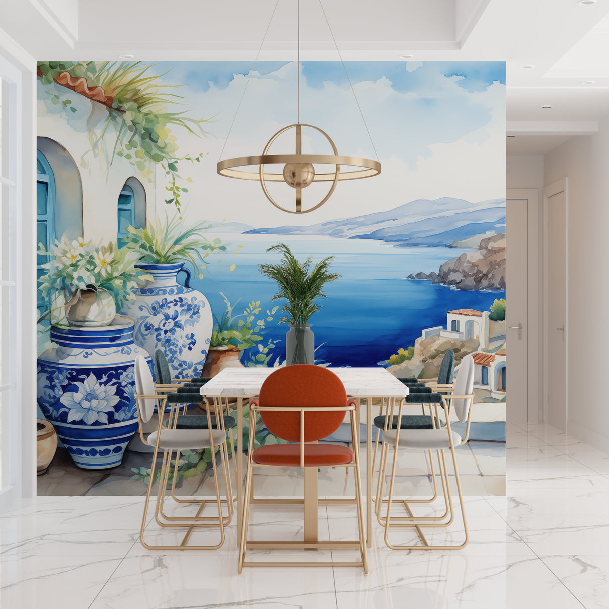 Mediterranean coastal wallpaper creating a bright, airy atmosphere in a modern living room with white furniture