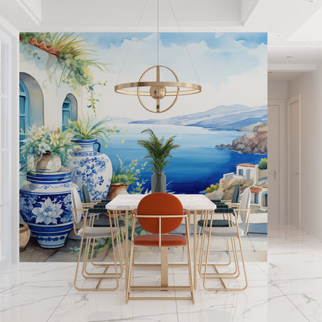 Mediterranean coastal wallpaper creating a bright, airy atmosphere in a modern living room with white furniture