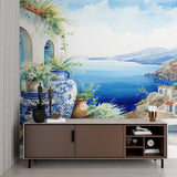 Santorini wall mural adding Mediterranean charm to a cozy dining room setting