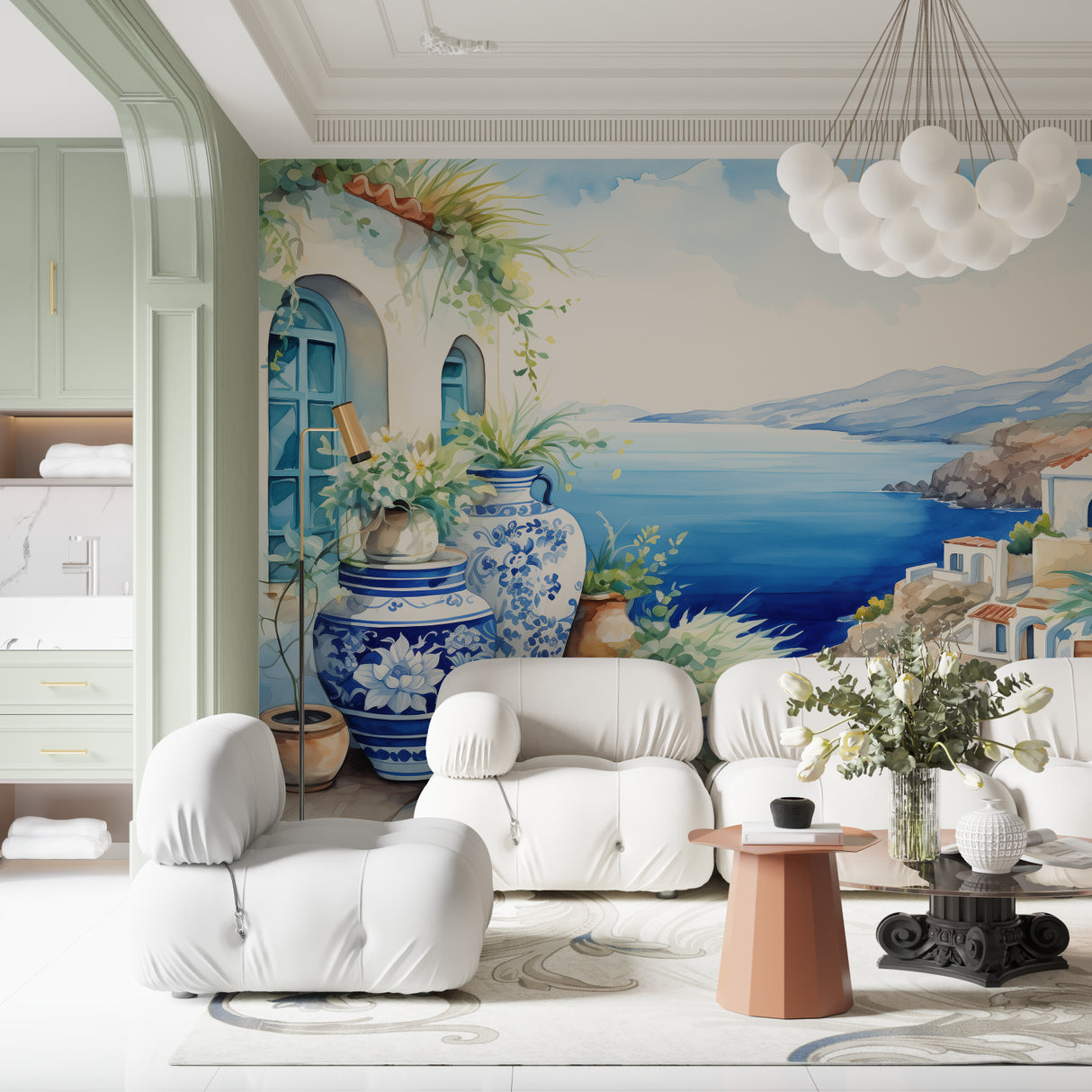Mediterranean seascape mural bringing vacation vibes to a home office space
