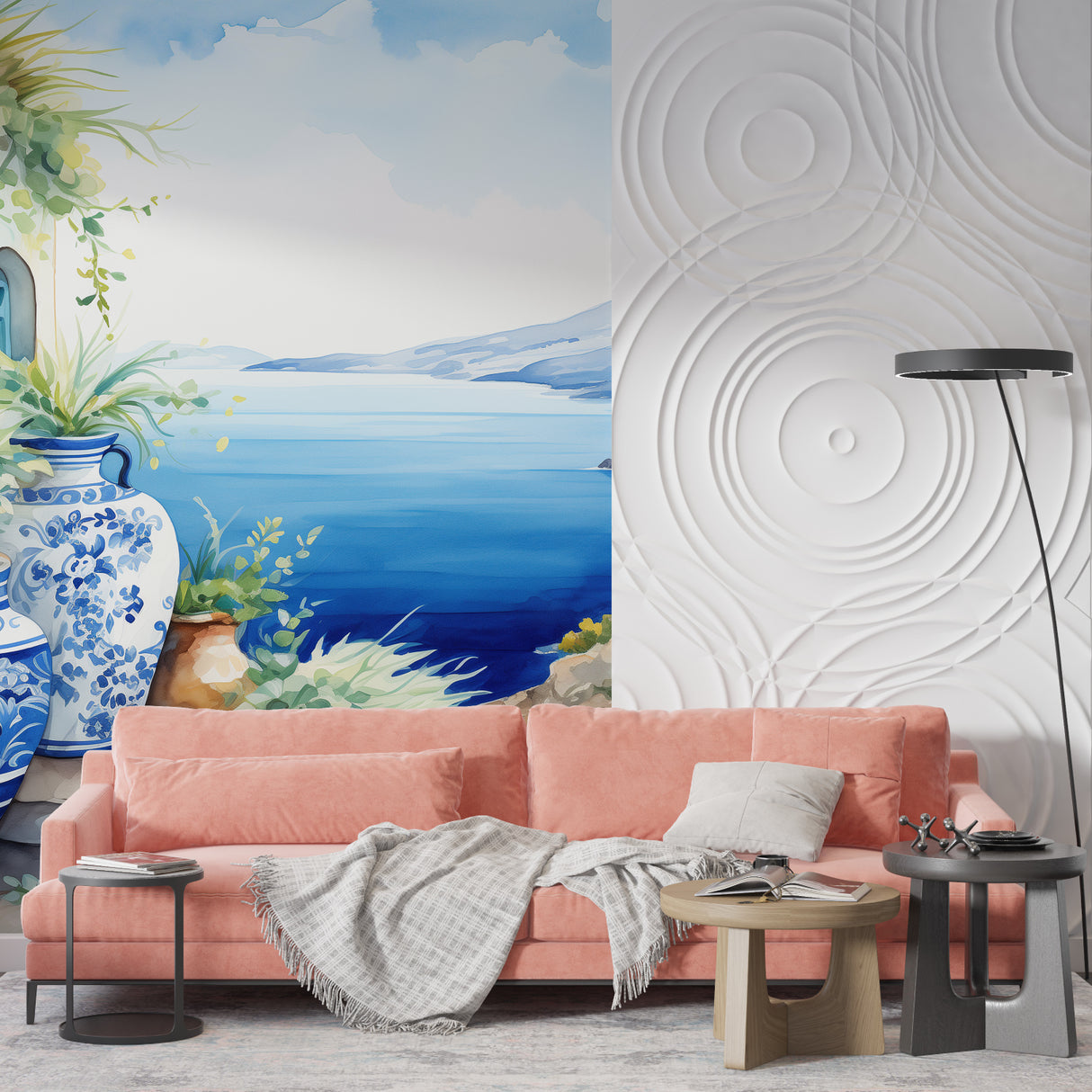 Watercolor Santorini scene creating an elegant backdrop in a luxury bathroom