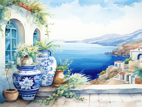 Mediterranean watercolor design file showing detailed Santorini architecture and seascape pattern