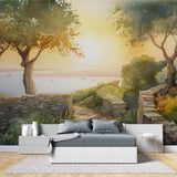 Mediterranean landscape wallpaper brightening dining room with warm sunset glow