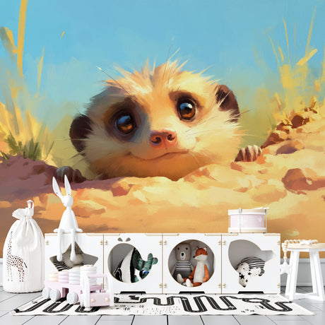 Meerkat wallpaper in bright modern living room, showing watercolor desert scene with soft natural lighting