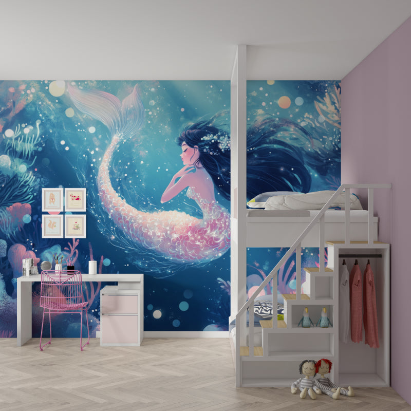 Mermaid wallpaper creating magic in a girl's bedroom with soft lighting and floating bubbles