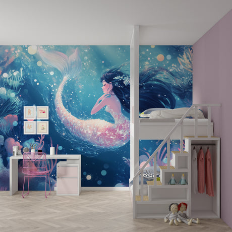 Mermaid wallpaper creating magic in a girl's bedroom with soft lighting and floating bubbles
