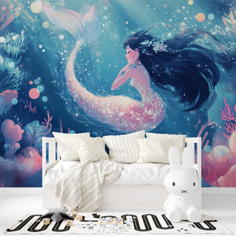 Underwater fantasy mural in a coastal-themed playroom showing mermaid and sea life