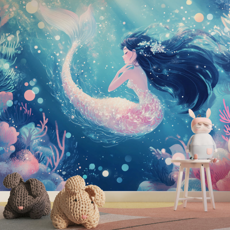 Fantasy mermaid wallpaper showcased in a bathroom with natural light