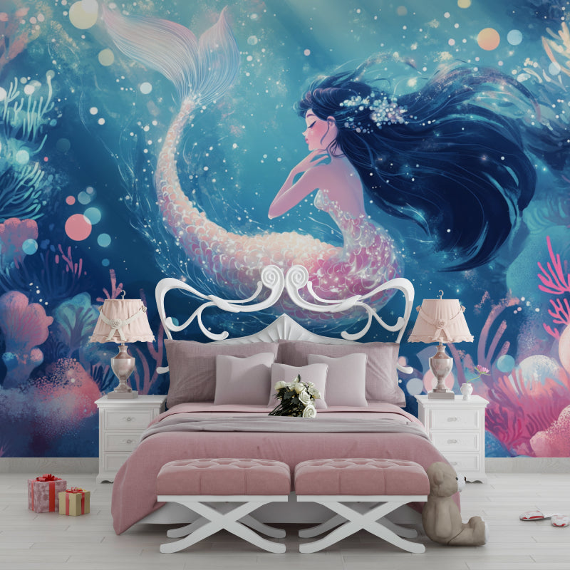 Magical mermaid mural creating depth in a reading nook corner