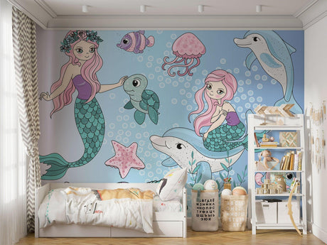 Mermaid wallpaper mural bringing magic to a modern kids bedroom with soft blue and pink tones