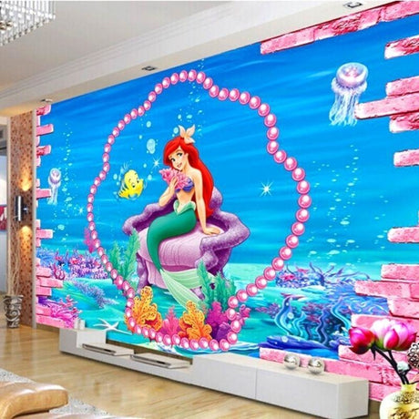Mermaid princess wallpaper creating magical atmosphere in a girl's bedroom with soft purple lighting