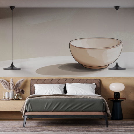 Minimalist bowl shadow mural creating depth in a modern dining room with natural light playing on beige walls