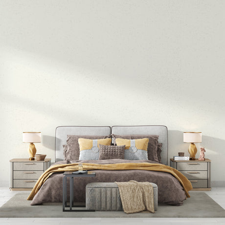 White textured wallpaper in a bright modern living room creating a clean, sophisticated atmosphere