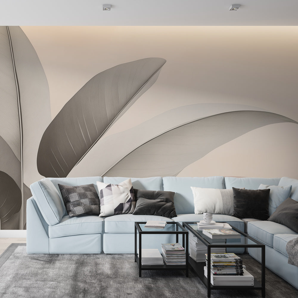 Minimalist leaf wallpaper creating a peaceful atmosphere in a modern living room with beige abstract pattern