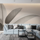 Minimalist leaf wallpaper creating a peaceful atmosphere in a modern living room with beige abstract pattern