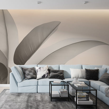 Minimalist leaf wallpaper creating a peaceful atmosphere in a modern living room with beige abstract pattern
