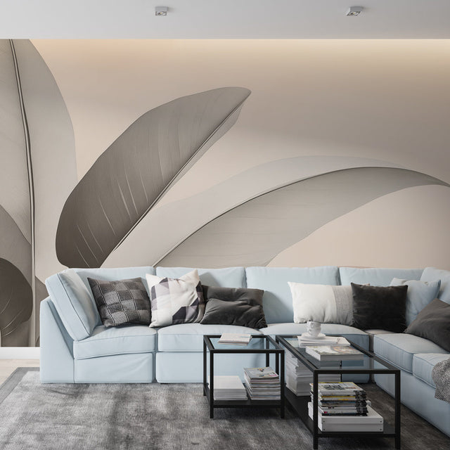 Minimalist leaf wallpaper creating a peaceful atmosphere in a modern living room with beige abstract pattern