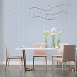 Minimalist blue wall mural in contemporary bedroom creating serene atmosphere
