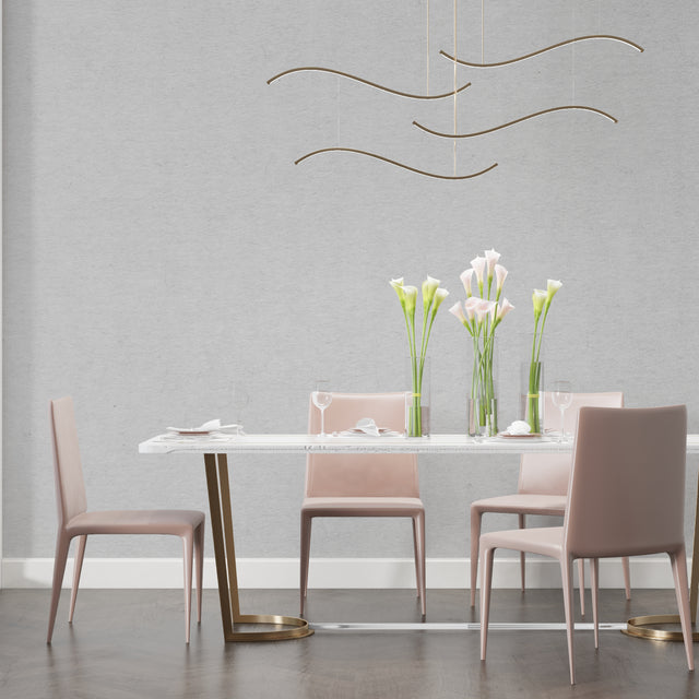 Modern grey wallpaper in bright living room with minimalist furniture and large windows