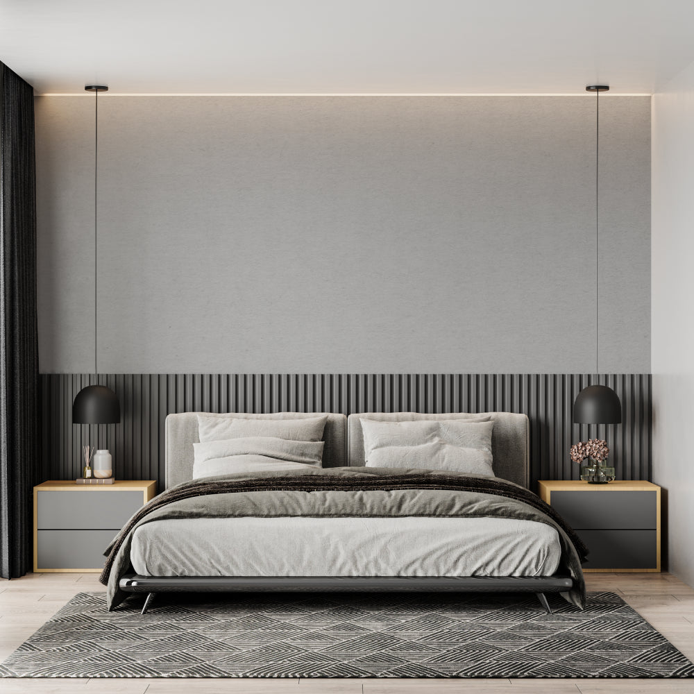 Contemporary grey wallpaper installation in dining room with modern decor