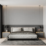 Contemporary grey wallpaper installation in dining room with modern decor
