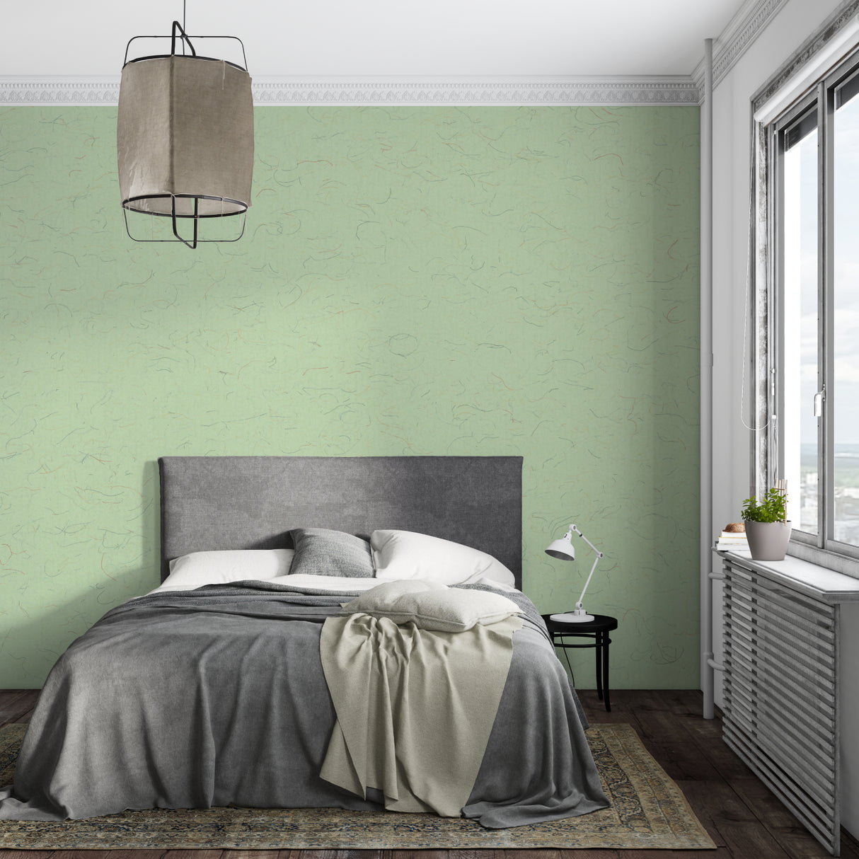 Minimalist sage green wallpaper applied in modern hallway space