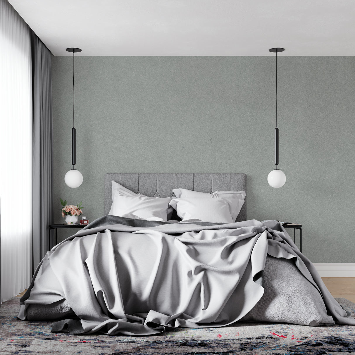 Textured sage grey wallpaper in hallway showing seamless application