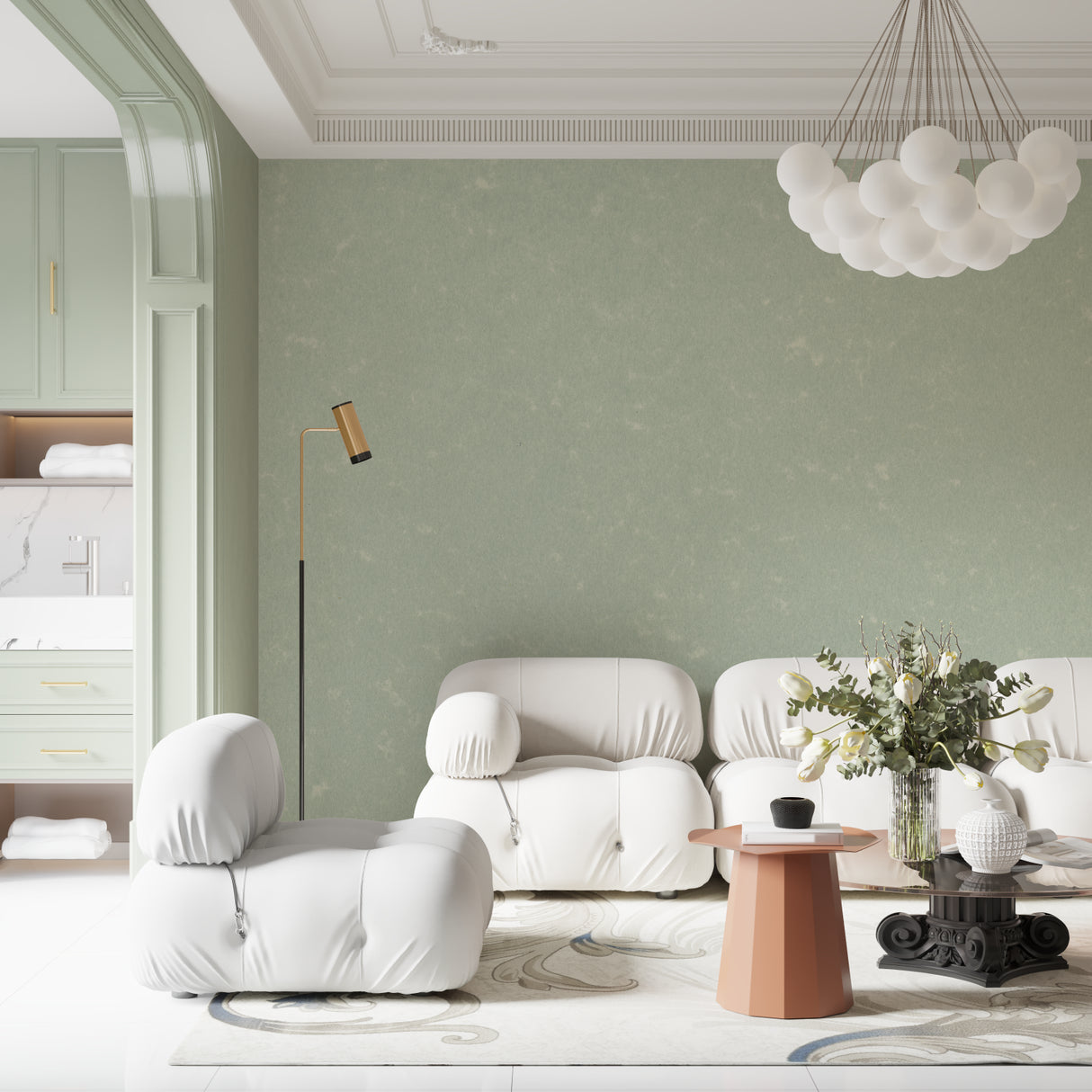 Mint green wall mural adding texture to a minimal entryway