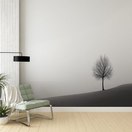 Minimalist tree wallpaper creating a serene atmosphere in a modern living room with clean lines and minimal furniture