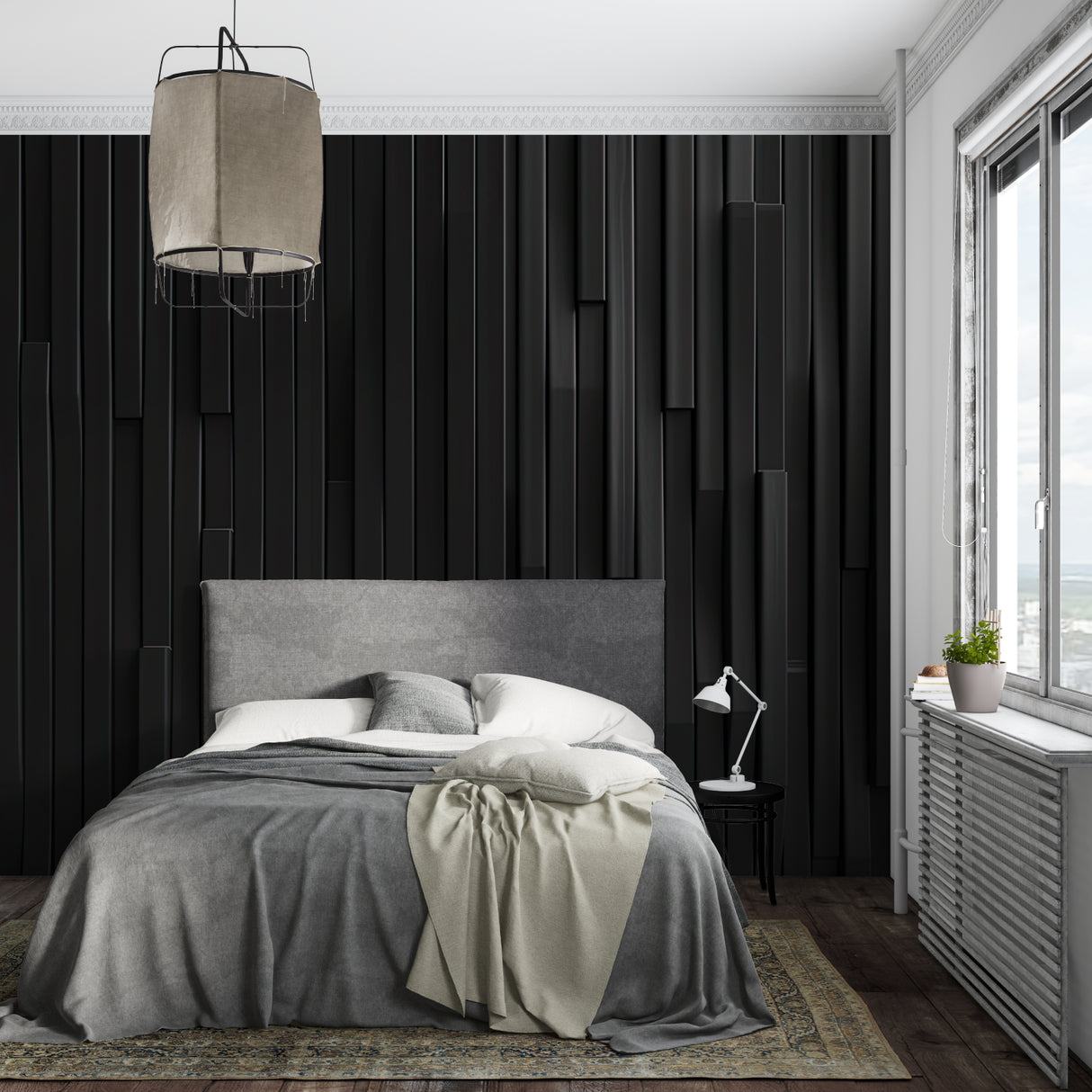 Geometric wallpaper creating an accent wall in a modern hallway