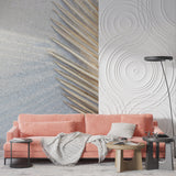 Modern circular wallpaper with gold palm leaf creating depth in a bright living room setting