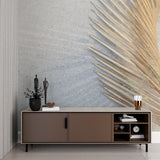 Geometric circle pattern with golden palm accent in a modern dining room