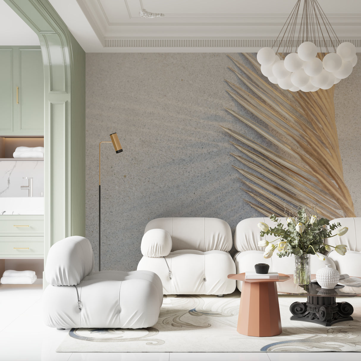 Modern abstract circle wallpaper with gold palm accent in a master bedroom