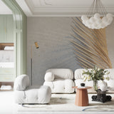 Modern abstract circle wallpaper with gold palm accent in a master bedroom