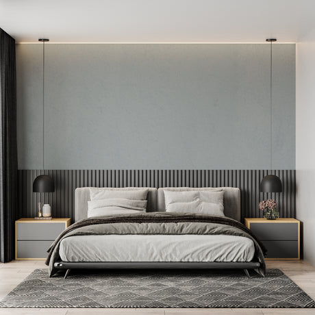 Modern grey textured wallpaper in contemporary living room setting with minimalist furniture