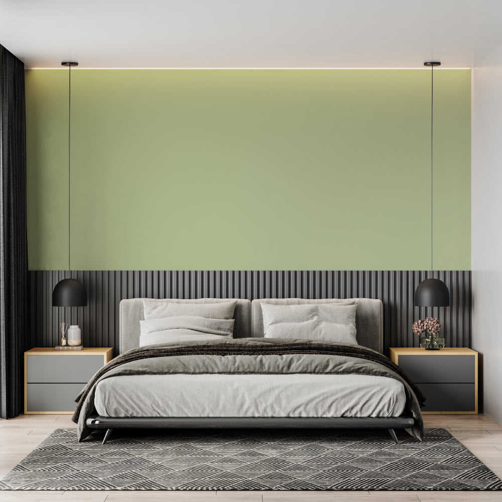 Sage green minimalist wall mural creating calm in a modern home office space