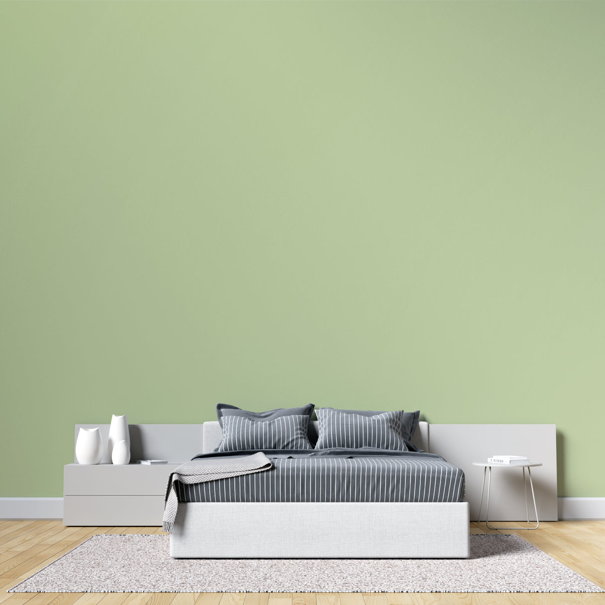 Light green minimalist wallpaper in a contemporary dining room with modern furniture