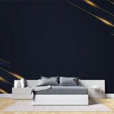 Geometric navy blue wallpaper featured in dining room with pendant lights