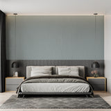 Dining room showcasing modern sage green wallpaper with soft texture detail
