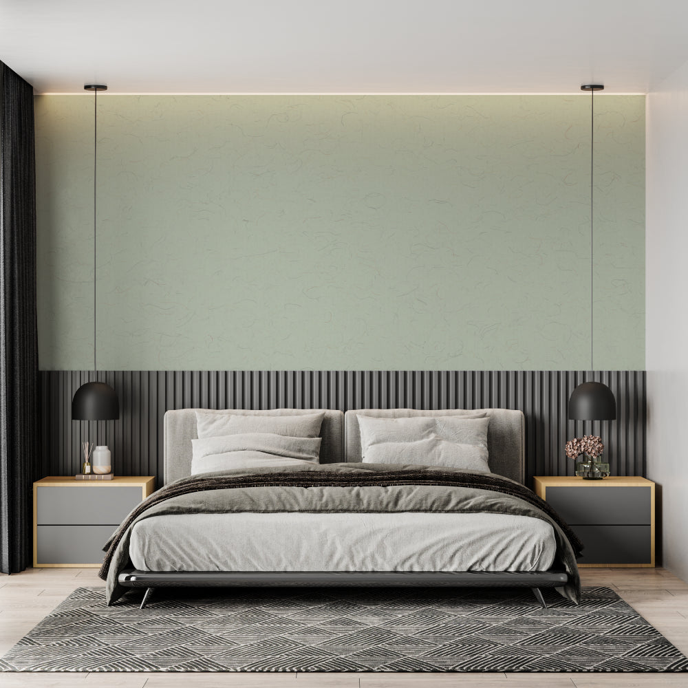 Sage green textured wallpaper in a modern living room with natural light streaming through windows