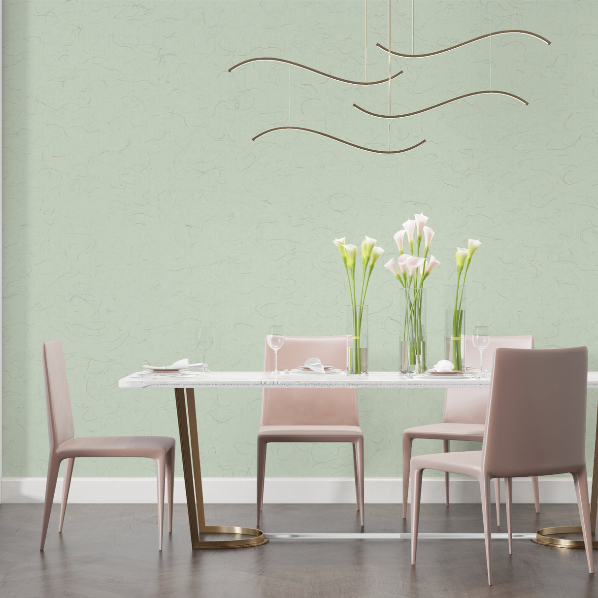 Home office with textured sage green wallpaper showing subtle surface detail