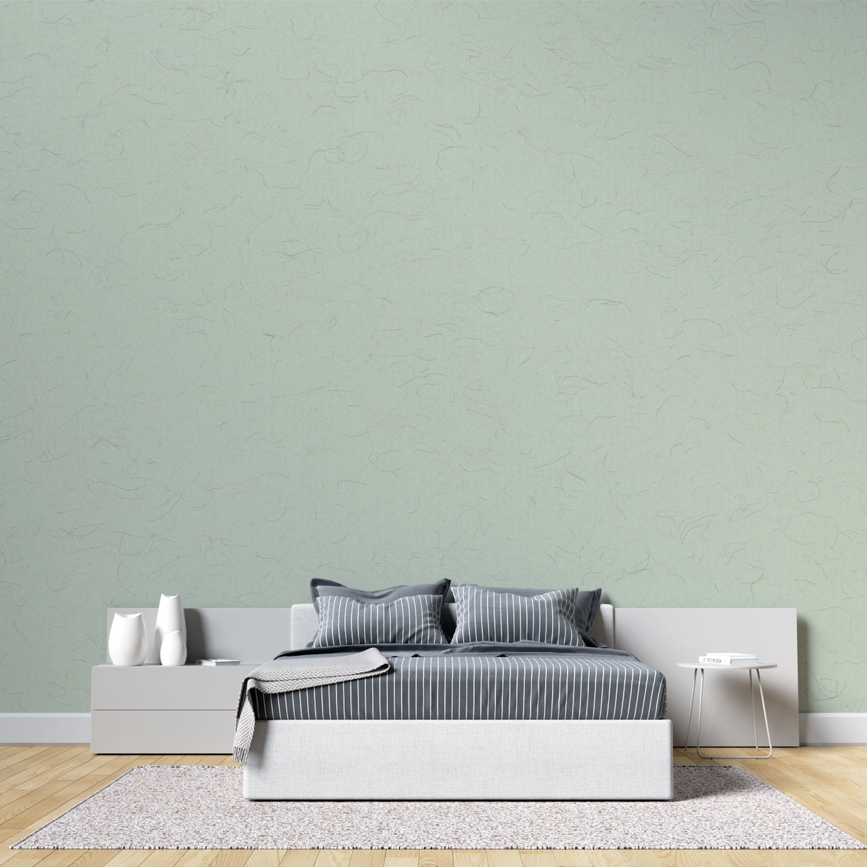 Dining room showcase of modern green wallpaper in evening light
